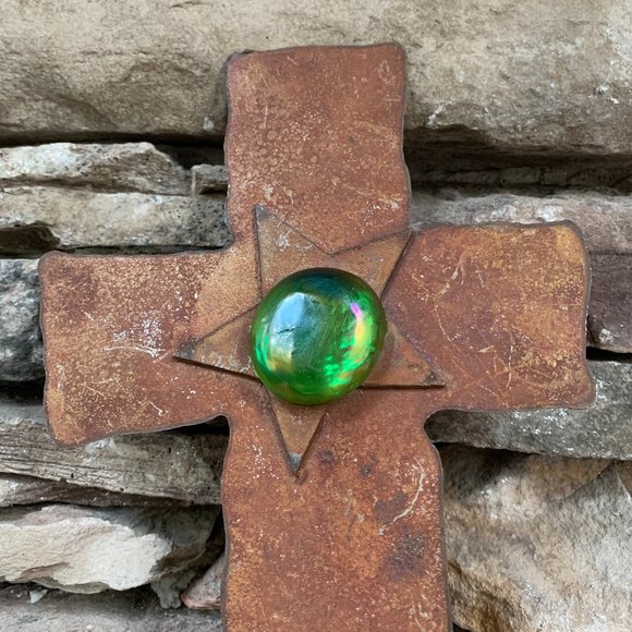 Western Rusty Metal Cross Star Glass Rust Green Southwest Cowboy Ranch - Picture 5 of 6